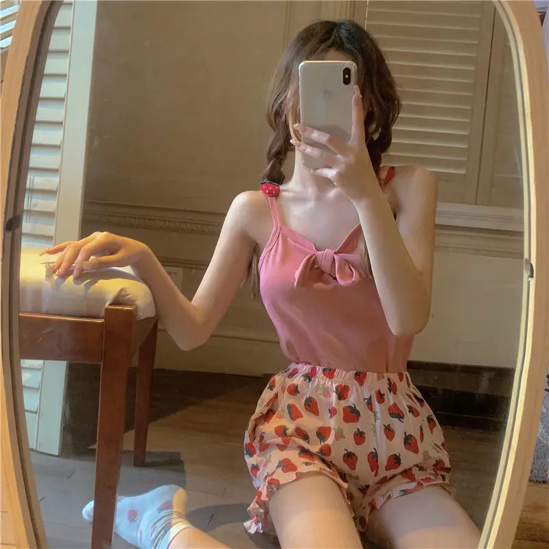 Pajamas for Women Korean Ins Style Strawberry Print Sleepwear Pyjamas Sexy Cute Homesuit Pijamas Summer Sleeveless Kawaii