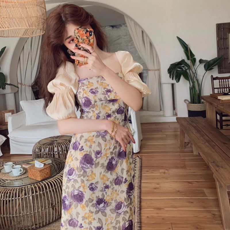 

Elegant Light Mature Woman Summer Korea Plus Size Slim Puff Sleeve Off Shoulder Floral Print Midi Dress French Party Vestidos