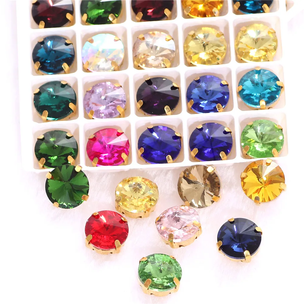 

Round Rivoli Sew On Rhinestones Crystal Glass With Gold Claw sew on stone for clothing accessories shoes bag diy trim