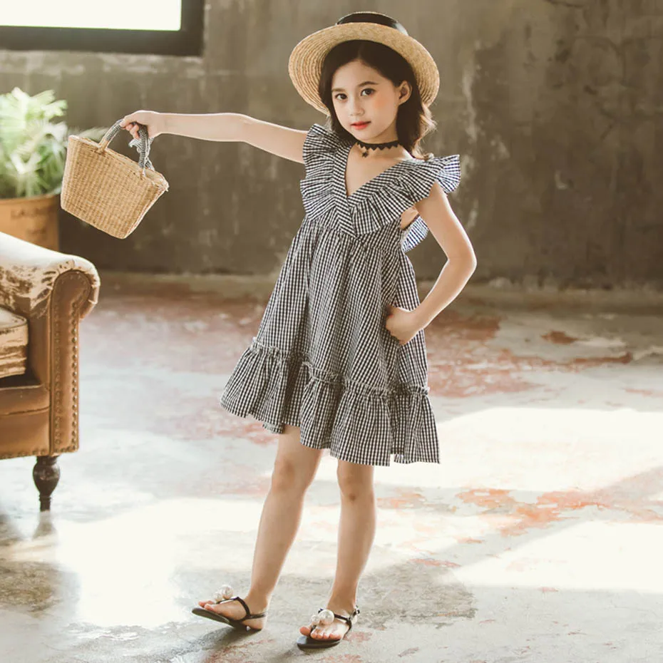 Dress For Girls Plaid Pattern Summer Dresses V -Neck Kids Sleelvess Clothes Girl 6 8 10 12 15 | Детская одежда и обувь
