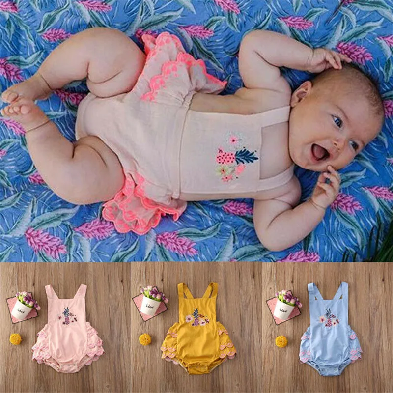 

2020 New Baby Girl Sleeveless Ruffle Suspender Romper Baby Floral Pineapple Embroidered Flower Layered Playsuit Jumpsuit Outfits