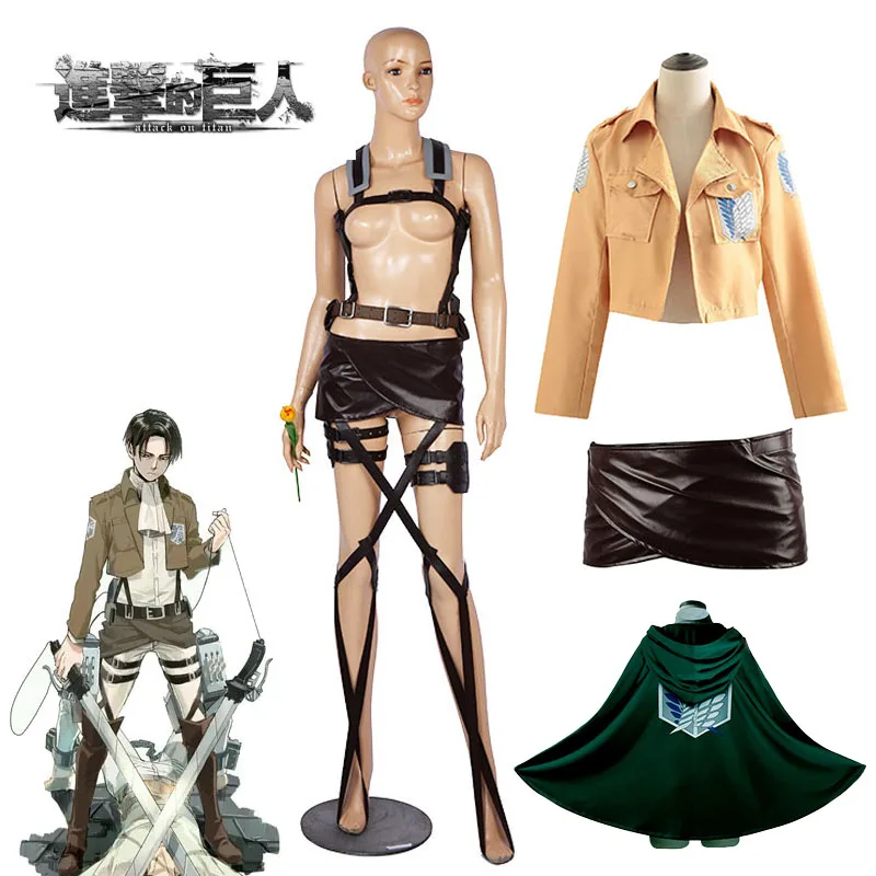 

Anime Attack on Titan Shingeki No Kyojin Levi Ackerman Cosplay Costume Hookshot Belts Jacket Recon Corps Leather Skirt Cloak
