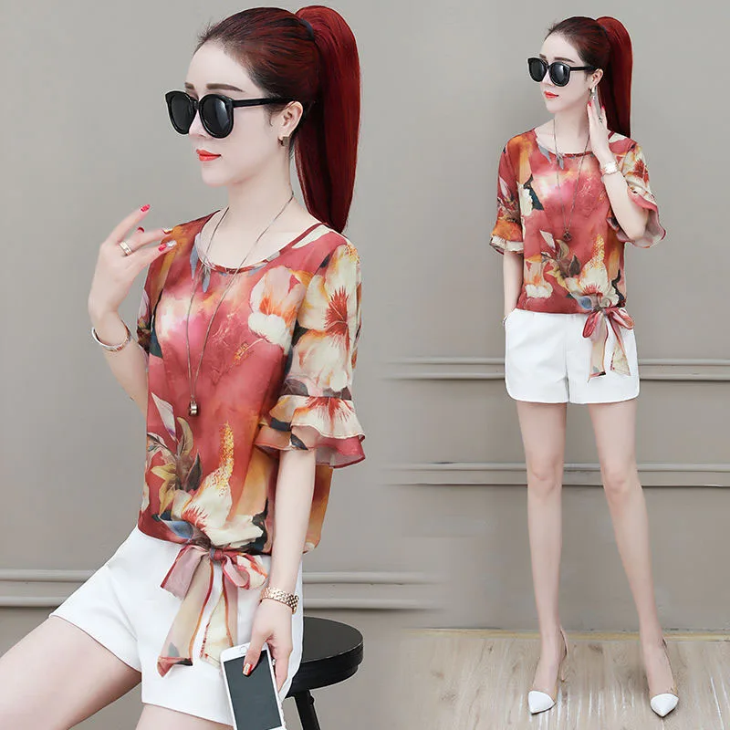Женские шифоновые Блузки Рубашки Летние повседневные стильные цветочные принты