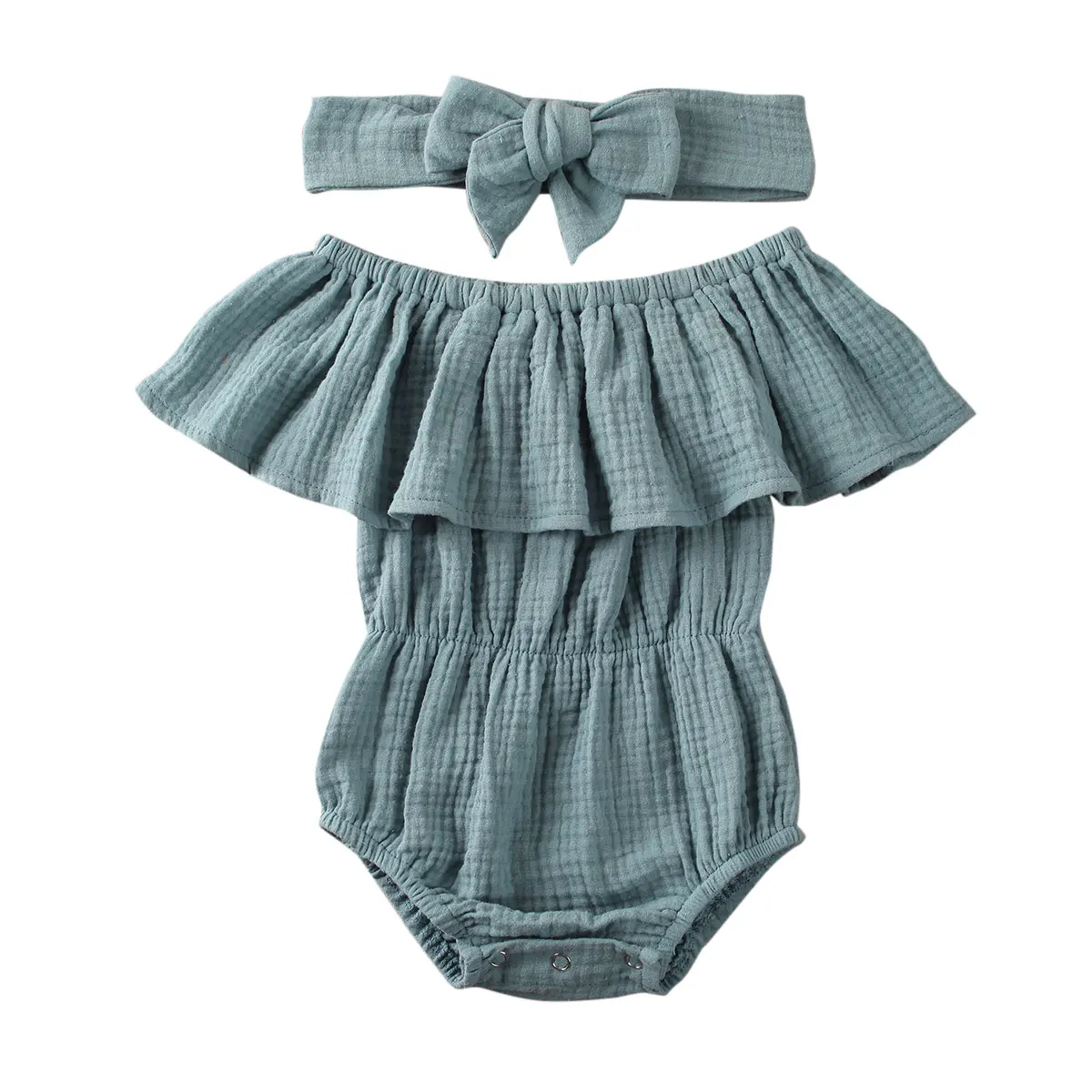 

AA 2020 Summer Baby Girl Bodysuits Ruffles Jumpsuit Solid Color Toddler Jumpsuit+Headband 2Pcs Bodysuits