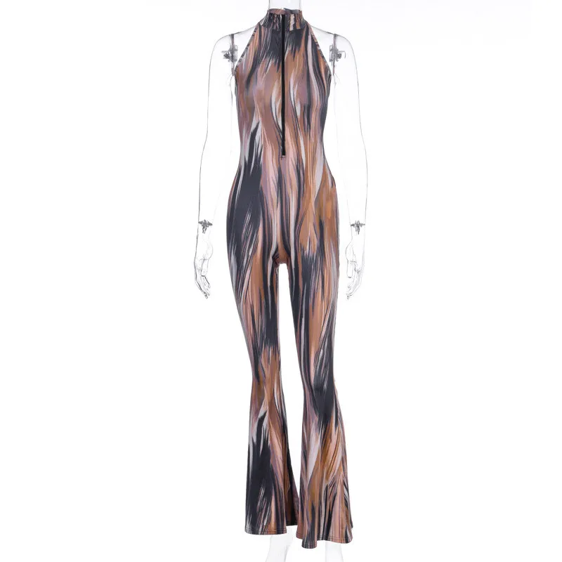 

CHRONSTYLE Sleeveless Off Shoulder Print Zip Up Jumpsuit Rompers V-neck Sexy Flared Long Pants Bell Bottoms Summer Jumpsuit 2020