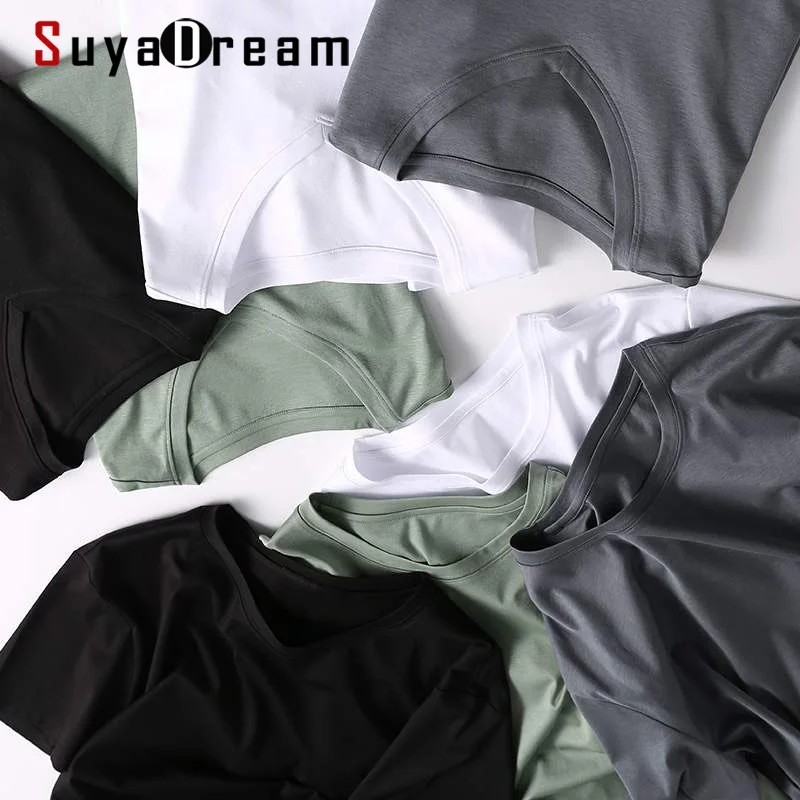 Футболка SuyaDream мужская с круглым вырезом, однотонная Базовая рубашка из хлопка и шелка, с коротким рукавом, лето 2021 - изображение
