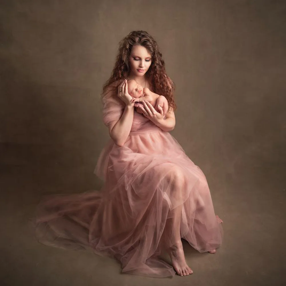 Don&Judy Custom Made Pink Tulle Dress Robe for Pregnant Mother with Matched Skirt Dress for Kids Mommy & Me Dress Set Photoshoot enlarge