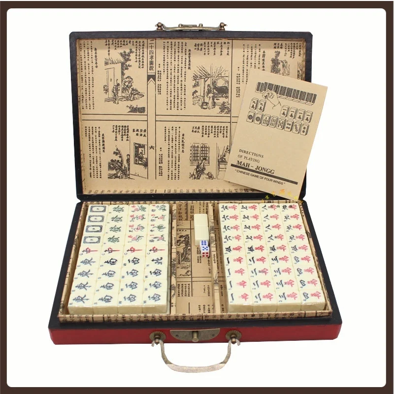 luxury Antique set full size Chinese Mahjong adult 144 Set Tournament Classic Family Games Gift Xadrez Jogo Retro Leather Box