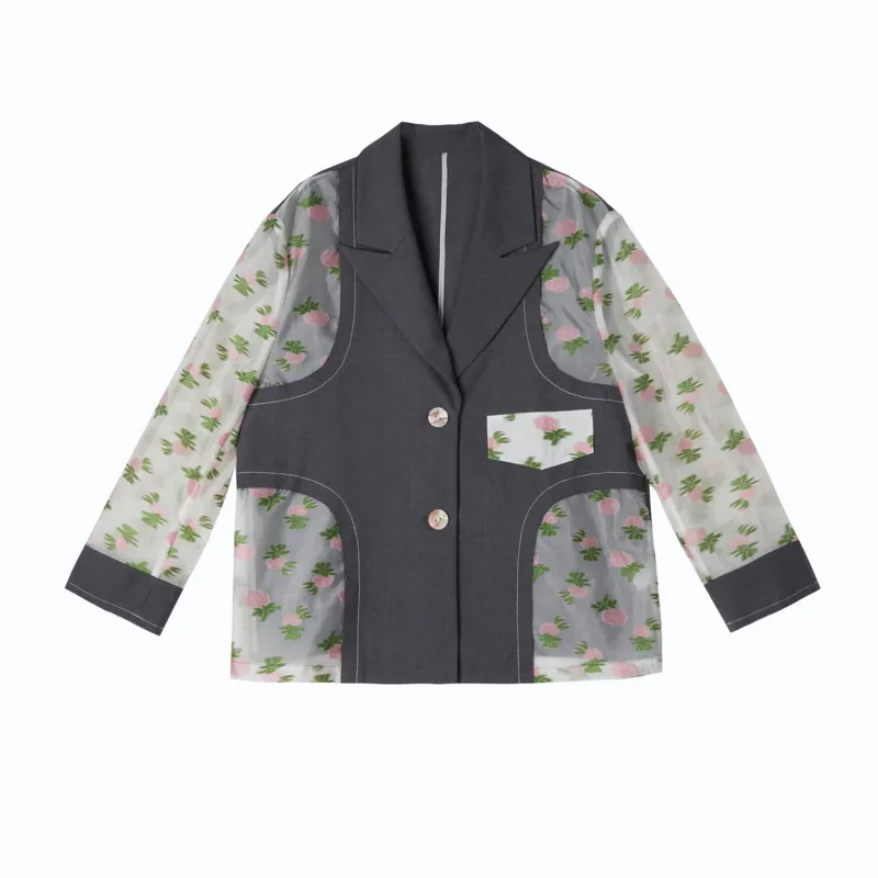 

LANMREM 2021 New Summer Transparent Printing Floral Sleeve Patchwork Blazer Women Loose Fashion Tide Clothing 2H186