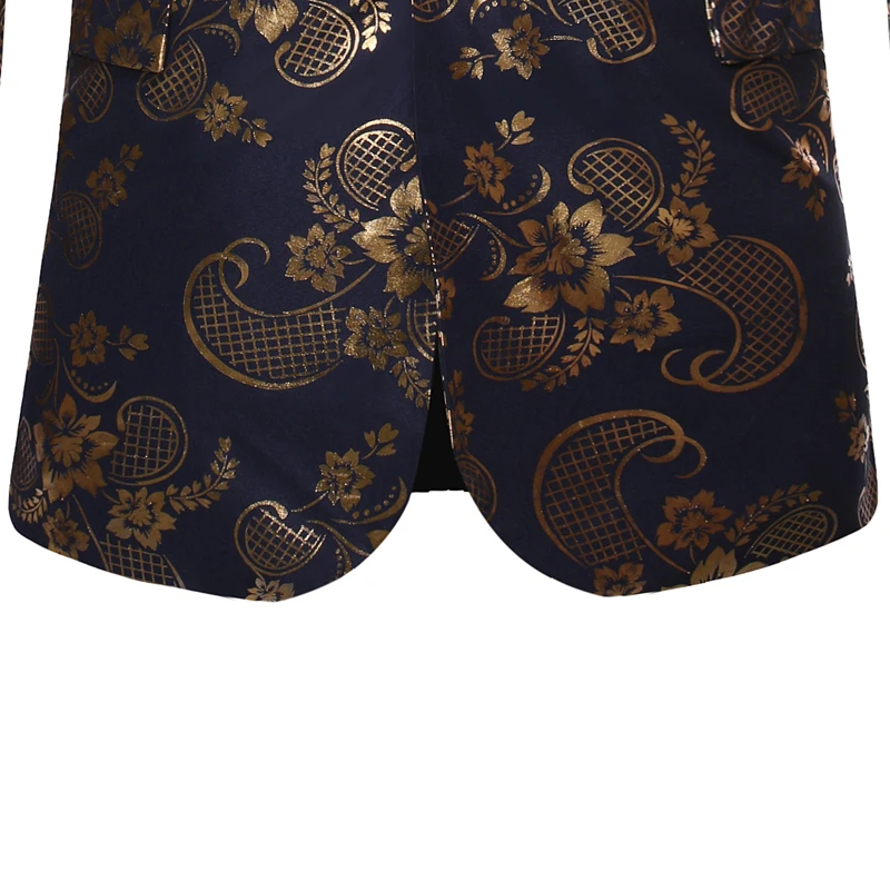 

Shenrun Men Black Navy Blue Blazers Gold Floral Print Casual Jackets Wedding Groom Suit Jacket Singer Host Stage Costume Blazer