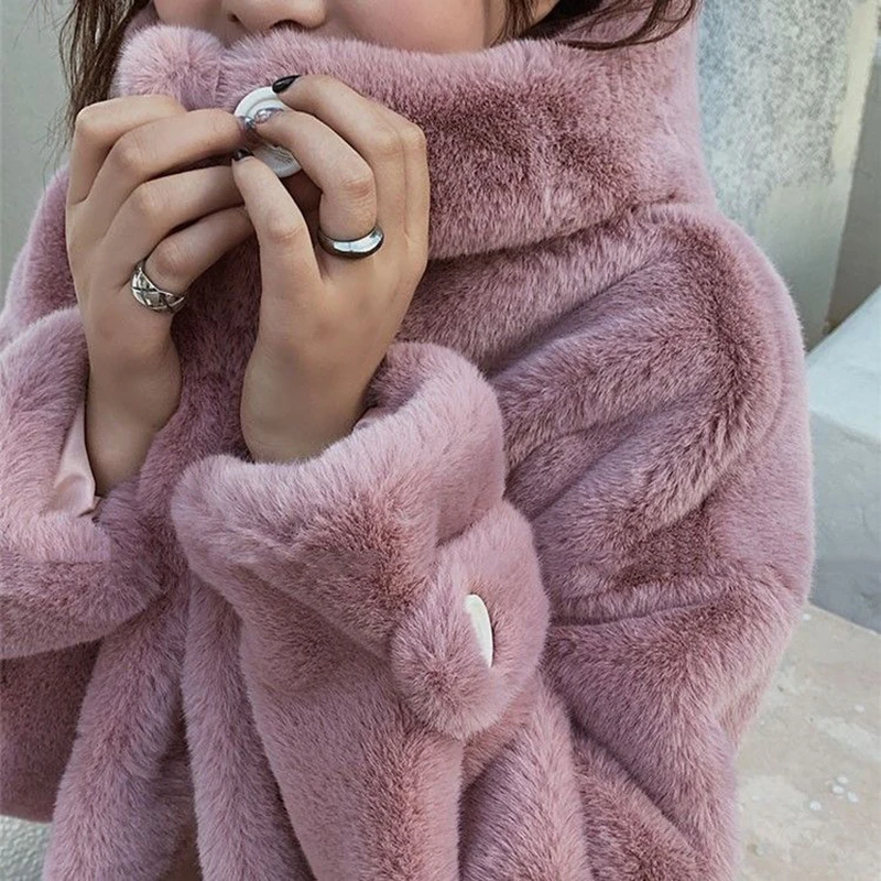 

2020 New Winter Women Faux Rabbit Fur Coat Loose Long Fur Coat Large Size Hooded Overcoat Thick Warm Female Plush Coats