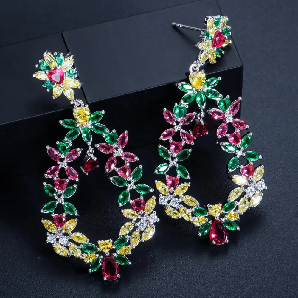 Женские богемные серьги BeaQueen большие длинные подвески с разноцветным кубическим