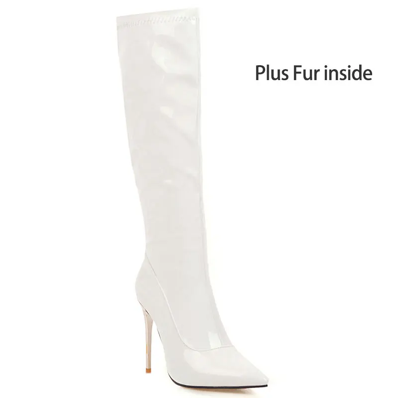 plus fur white Lasyarrow/зимние сапоги до колена; женские высокие сапоги из лакированной кожи на тонком каблуке; обувь на очень высоком каблуке на молнии; Женская Осенняя обувь - Цвет: plus fur white
