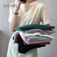 women tops tees soft cotton summer t shirts solid basic female t shirts o neck short sleeve loose clothes grey green friends top