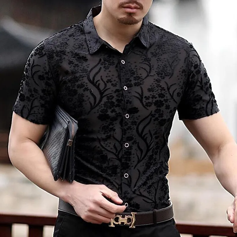 Черная синяя летняя уличная рубашка прозрачная с коротким рукавом Camicia Uomo Camisa