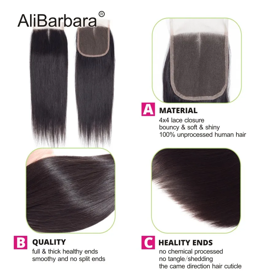 AliBarbara Remy прямые пучки волос с закрытием перуанские человеческих 4x4 | Шиньоны и