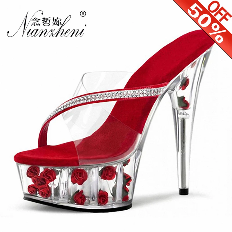 

Hot Sale Transparent Crystal Rose Pink 6 Inch Slippers 15cm Shoes Woman Heels Wedding Shoes Bride Mary Jane Shoes Platform Heels