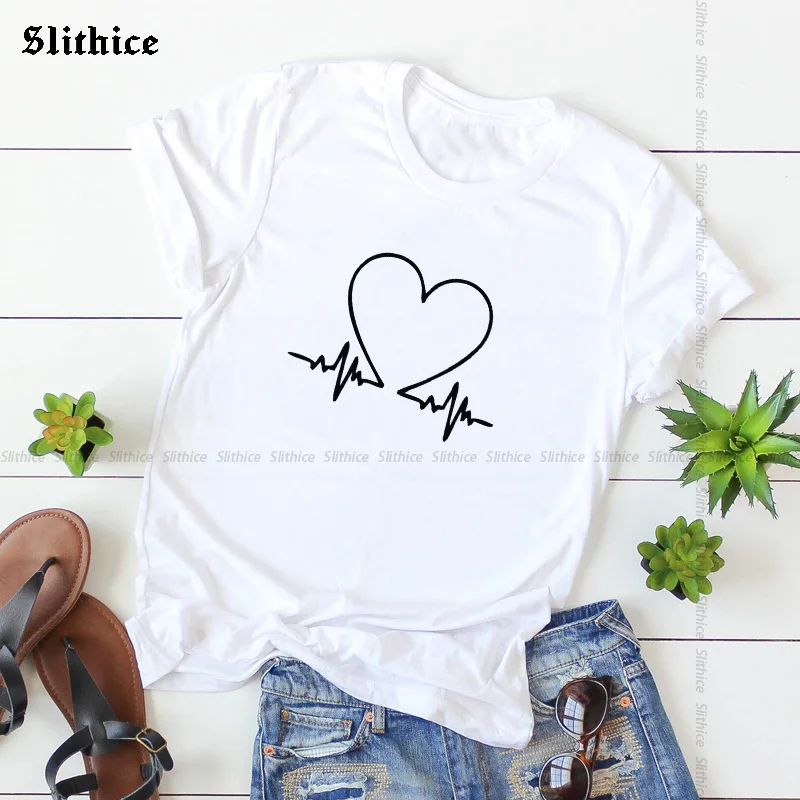 

HeartBeat Graphic t-shirt Aesthetic Printed Women T-shirts tops Harajuku Streetwear lady tshirt Tumblr Black tee ropa mujer