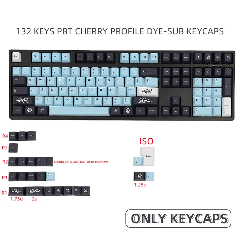 

132 Keys Mizu Dye Sub Keycaps Cherry Profile PBT Keycap Set for 61/64/68/71/84/87/96/980/104/108 Mechanical Keyboards iso Key