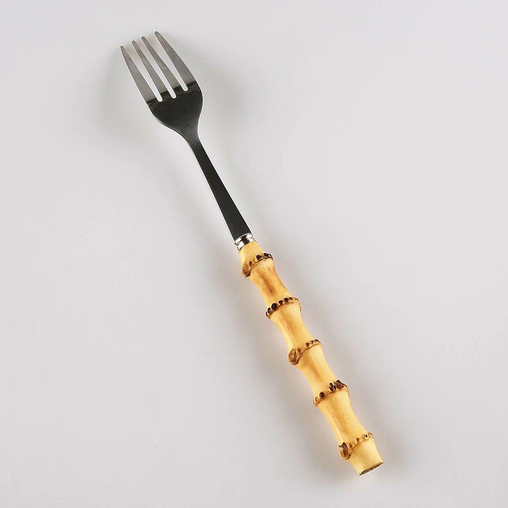 

Restaurant household tableware dinnerware cutlery flatware stainless steel natural bamboo root wood handle dinner fork