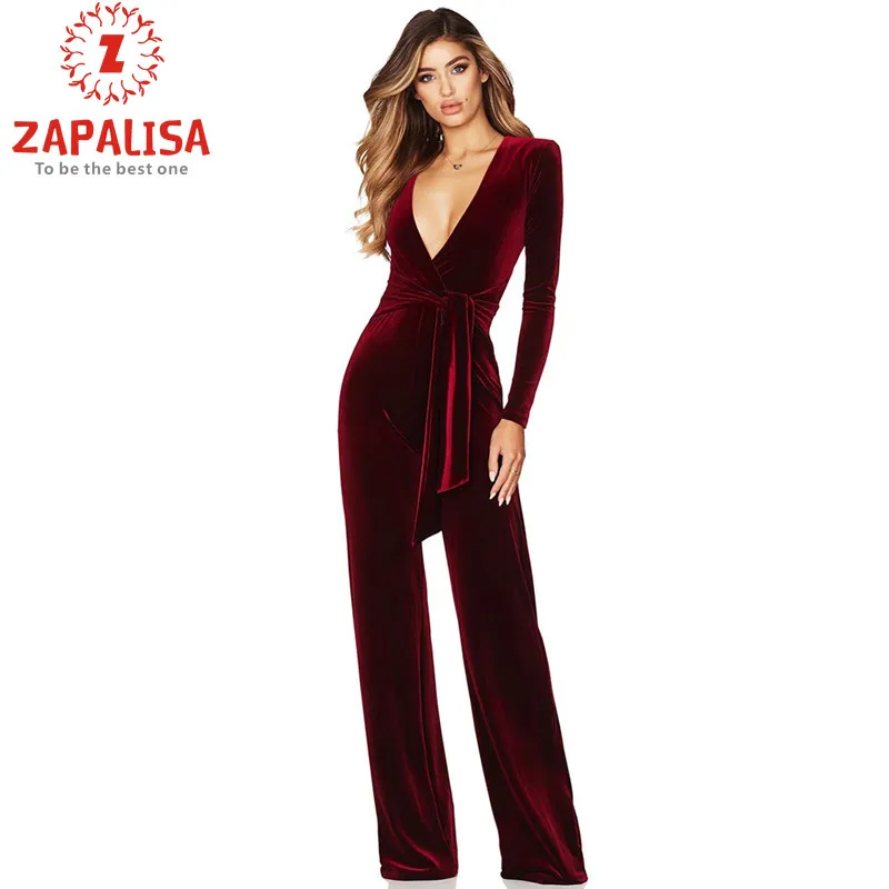 Однотонный бархатный бандажный комбинезон Zapalisa с длинным рукавом и глубоким