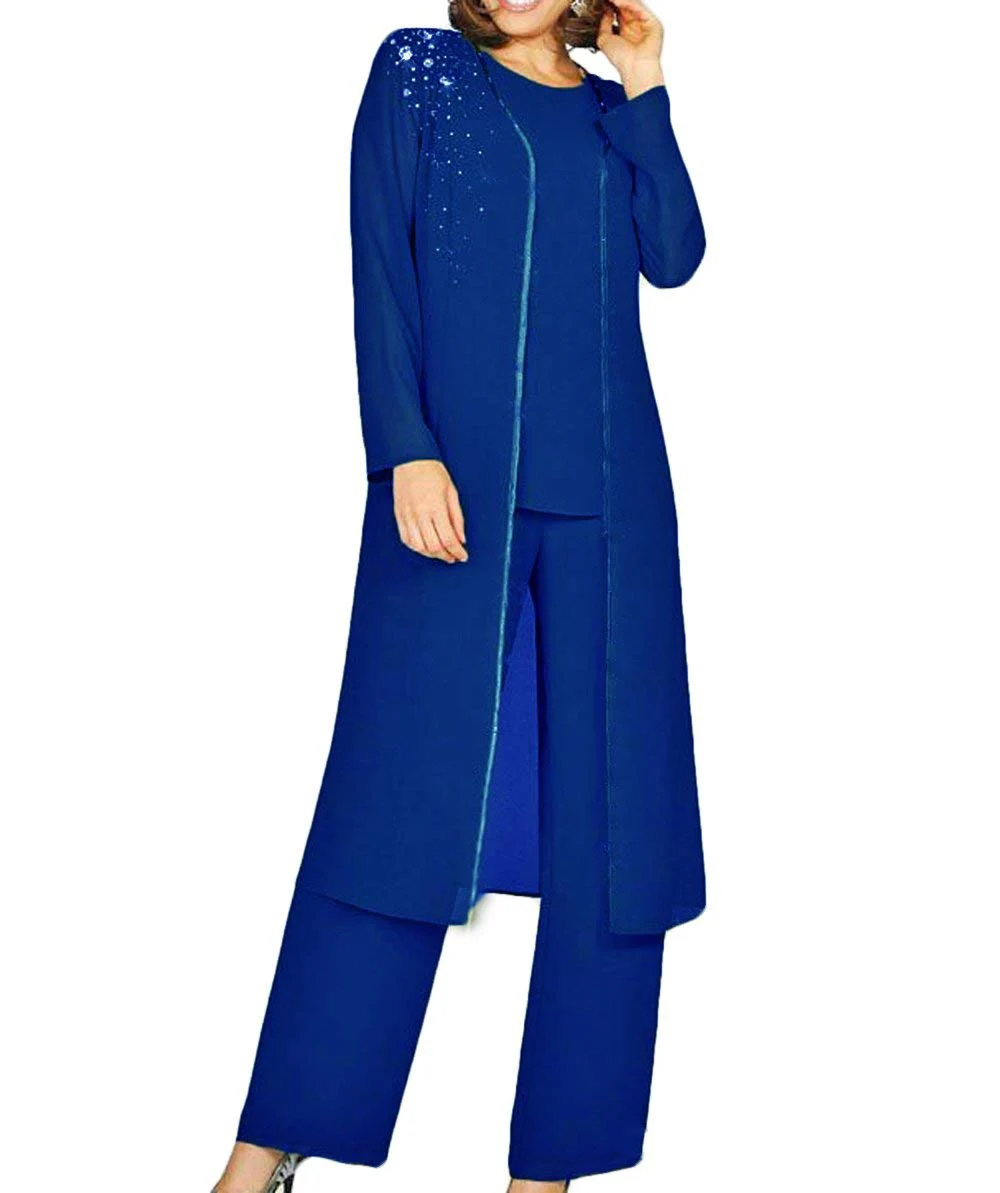 royal blue Женский элегантный костюм из 3 предметов, украшенный кристаллами, шифоновое платье для матери невесты, брючный костюм с жакетом, наряд для свадьбы, жениха - Цвет: royal blue