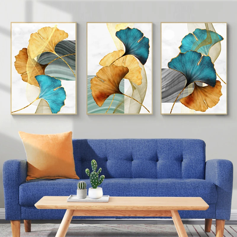 

Blue Green Yellow Gold Plant Leaf Abstract Poster Nordic Canvas Painting Print Wall Art Modern Picture Living Room Decoration