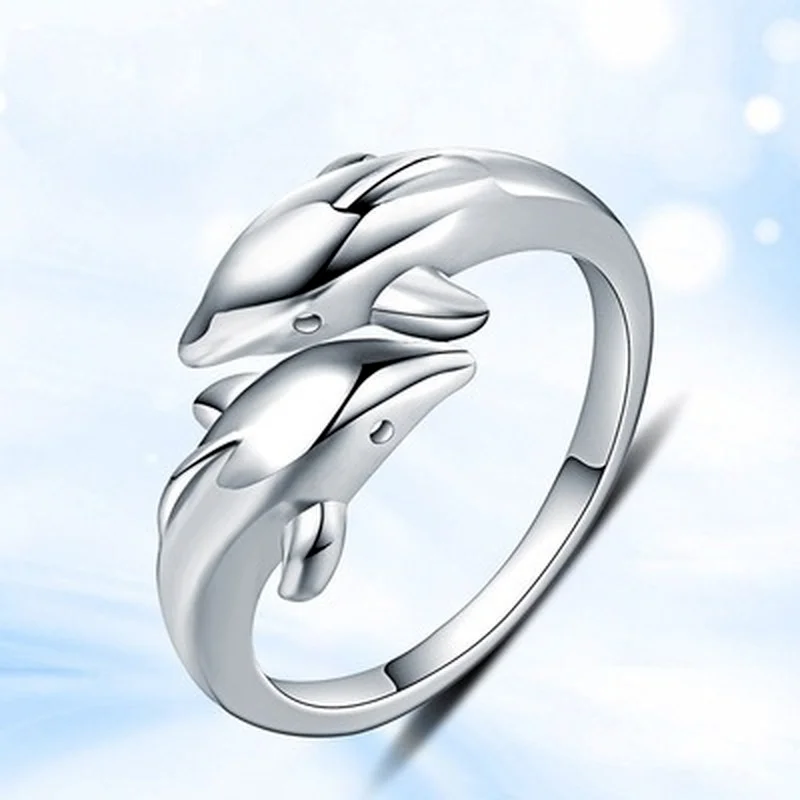 925 Sterling Silver Jewelry Open Happy Double Dolphin Love Rings For Party Women Gift Adjustable Ring Anillos Bague