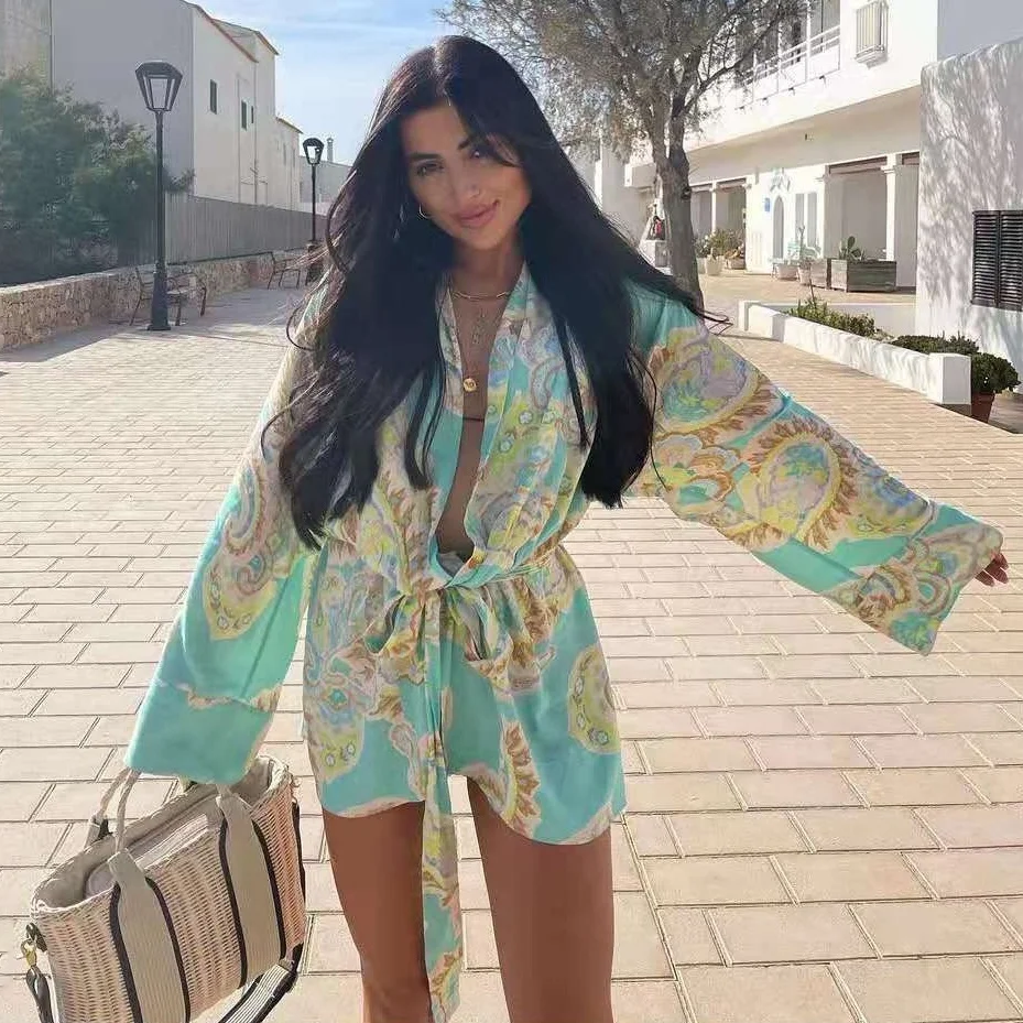 

Fashion Floral Paisley Printed Women Long Wrap Blouse With Bowknot High Waist New Spring Summer Kimono Beach Holiday Chic Shirt