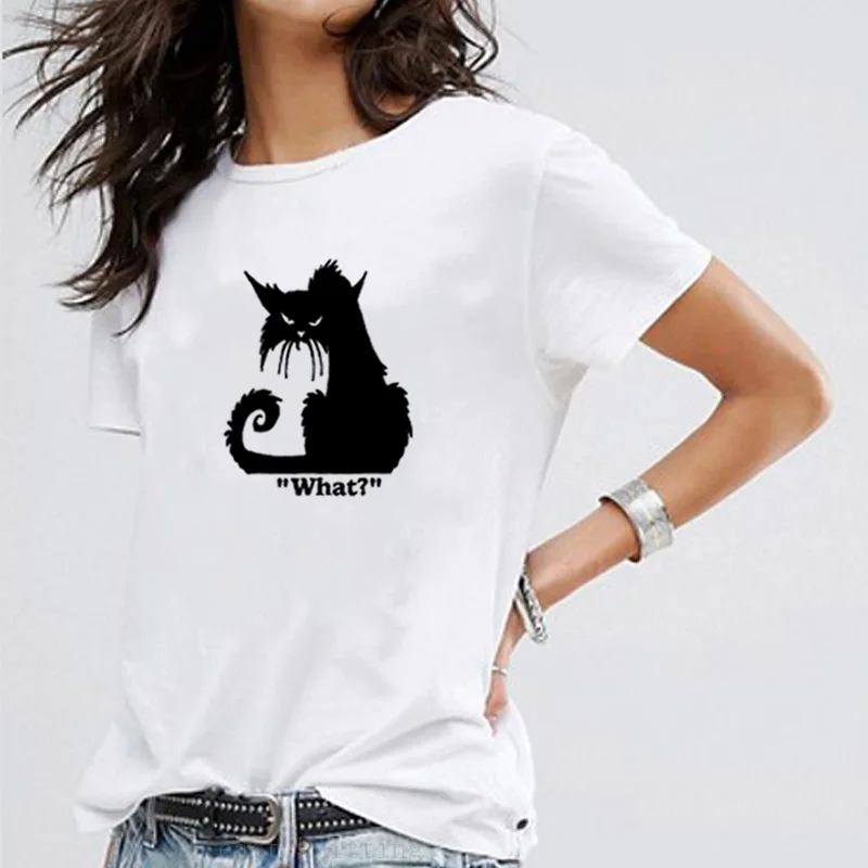 Черная хлопковая футболка с коротким рукавом и принтом кота Женская свободная