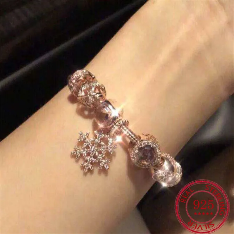 925 Sterling Silver Bracelet Rose Gold 18k Pink Cat Eye Snowflake Hanging Fixed Button Pendant Snake Bone Chain Set Female | Украшения и