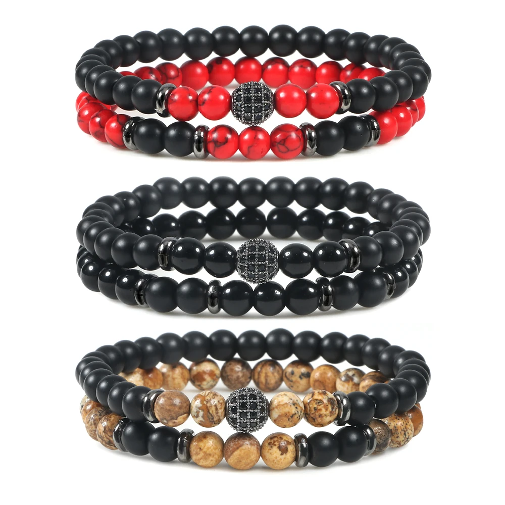 Качественный мужской браслет 2 шт./компл. 6 мм тигровый глаз черная лава камень