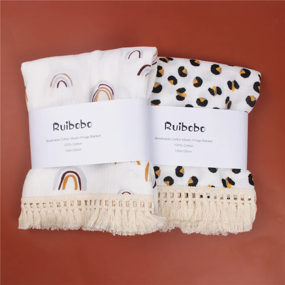 

100% Cotton Muslin Baby Printed Blankets Newborn Double Gauze Tassel Receiving Swaddle Wraps Infant Sleeping Quilt Bed Cover