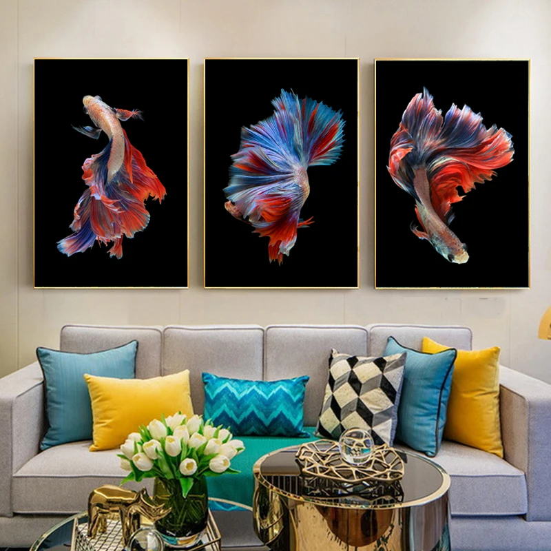 Простые разноцветные постеры и принты в скандинавском стиле с изображением рыб