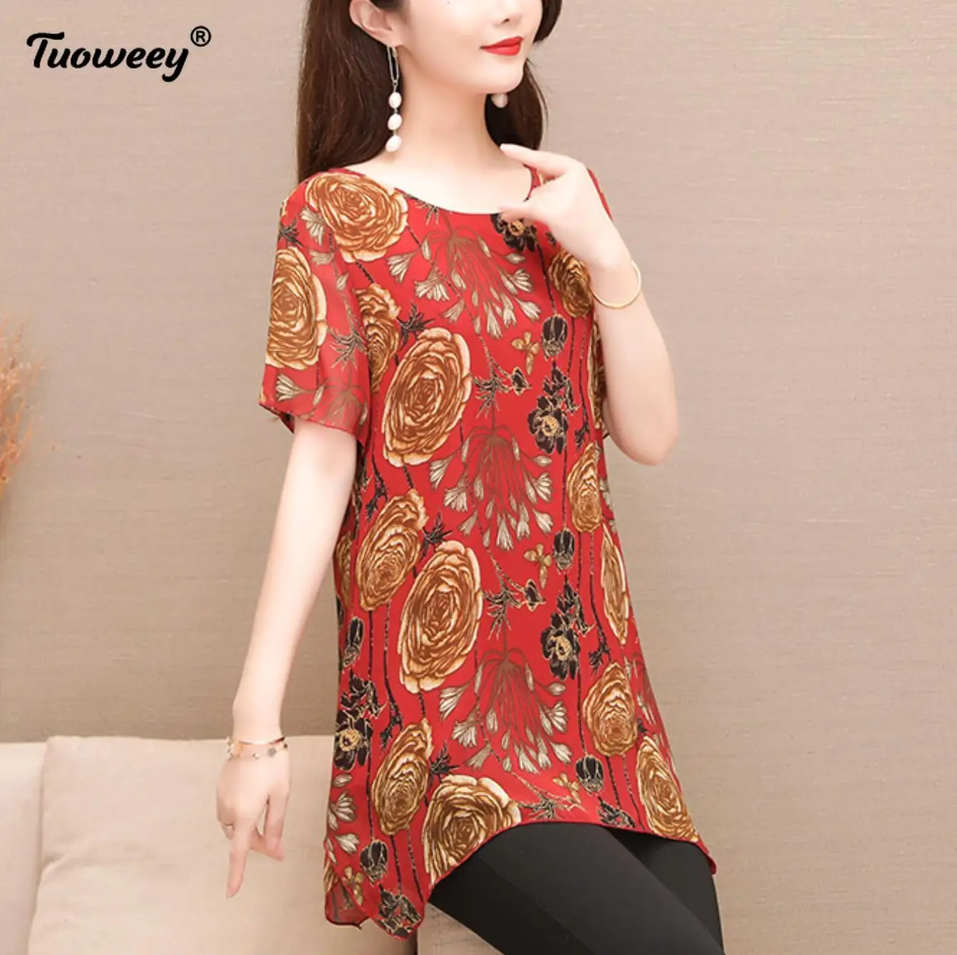 

2021 plus size Summer Short Sleeve red Chiffon Blouse Women Casual O Neck Elegant Women floral Female Clothing Blusas Mujer