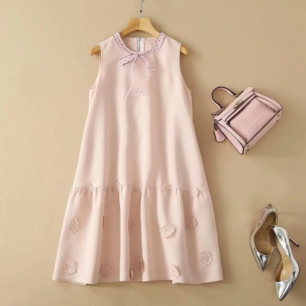 

Summer NEW Women's Short Sleeve Dress 2021 Fashion High Street Pink Neckline Bow Standing Flower Embroidered Sleeveless Dress