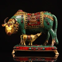 11tibet buddhism old bronze gem painted outline in gold cow statue big cow and calf four armed guanyin elephant statue
