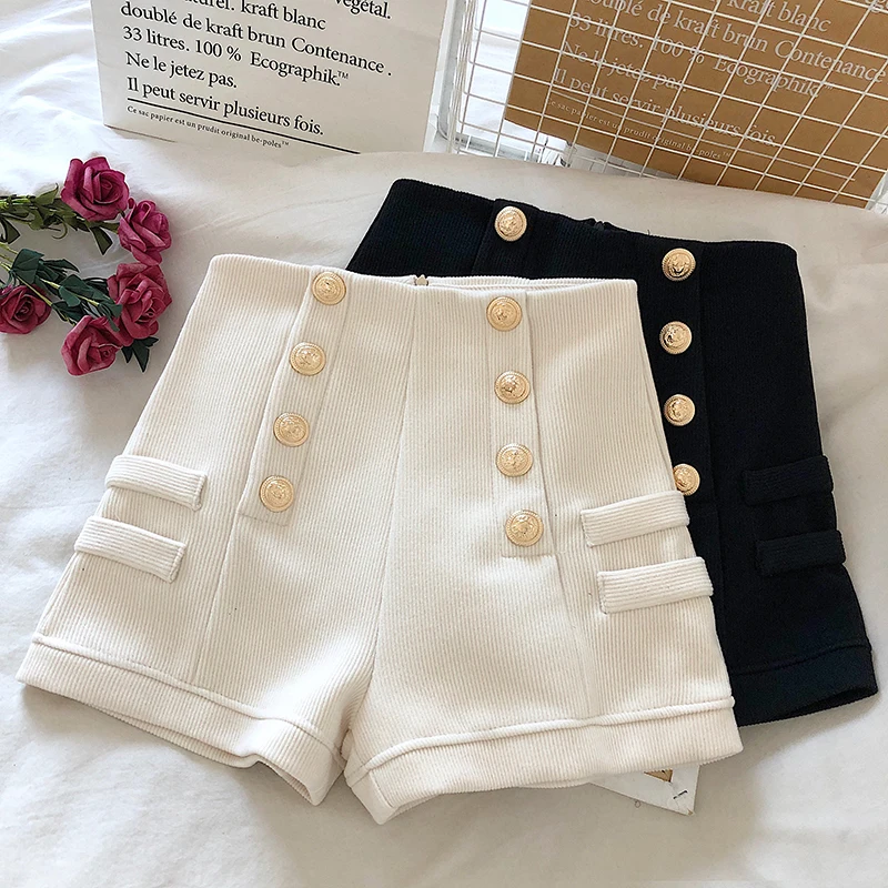 

The new Korean fashion all-match double-breasted high-waist woolen wide-leg pants were thin A-line boots pants shorts