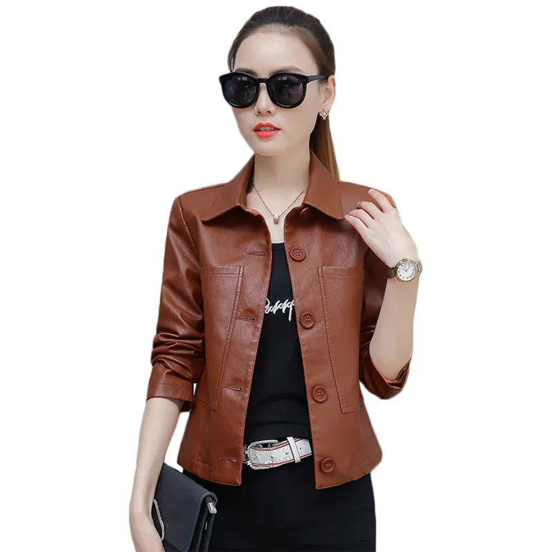 Leather Jacket Women Caramel 3XL 4XL Short Slim PU Coat 2019 New Spring Autumn Korean Fashion Chic Moto Clothing LD855