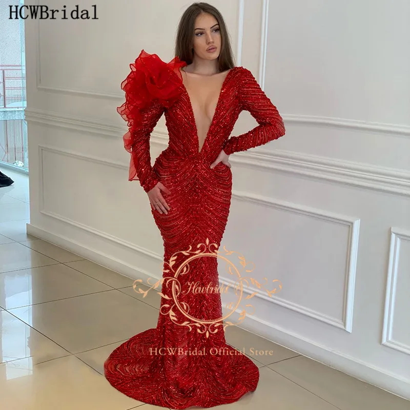 

2021 Long Sleeves Sparkly Red Evening Dress Mermaid Sequins Special Occasion Party Formal Gowns For Evening Plus Size