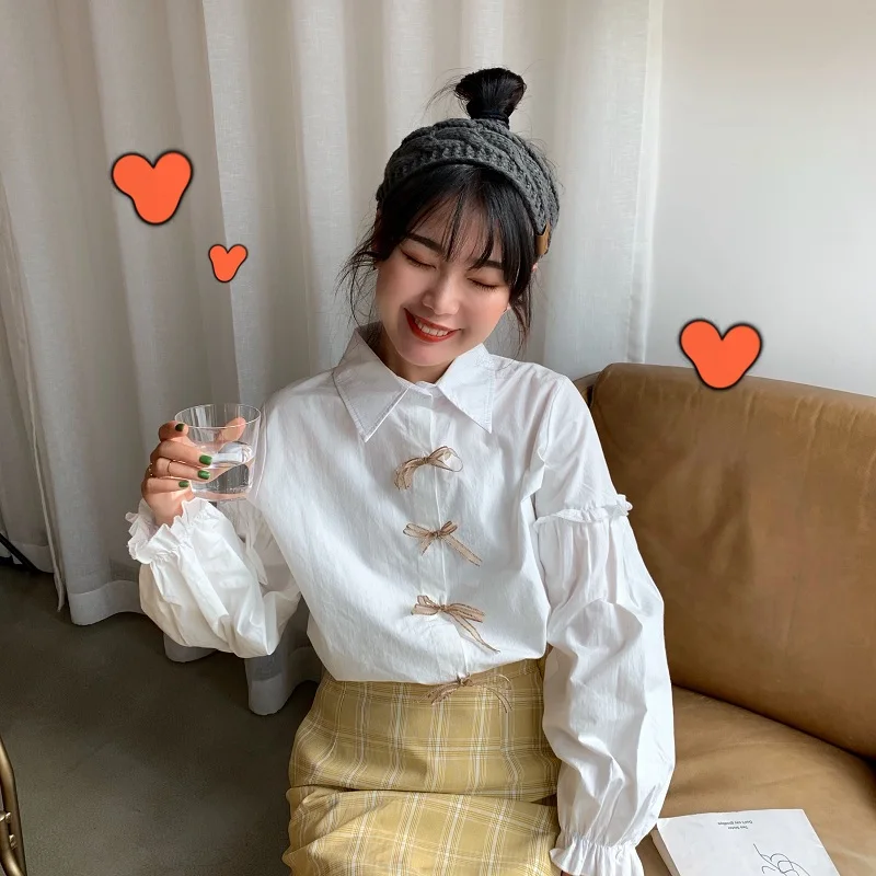 

lantern sleeve turn-down collar full bow sweet white loose shirts fashion brand new Spring autumn Women's Clothing ladies tops