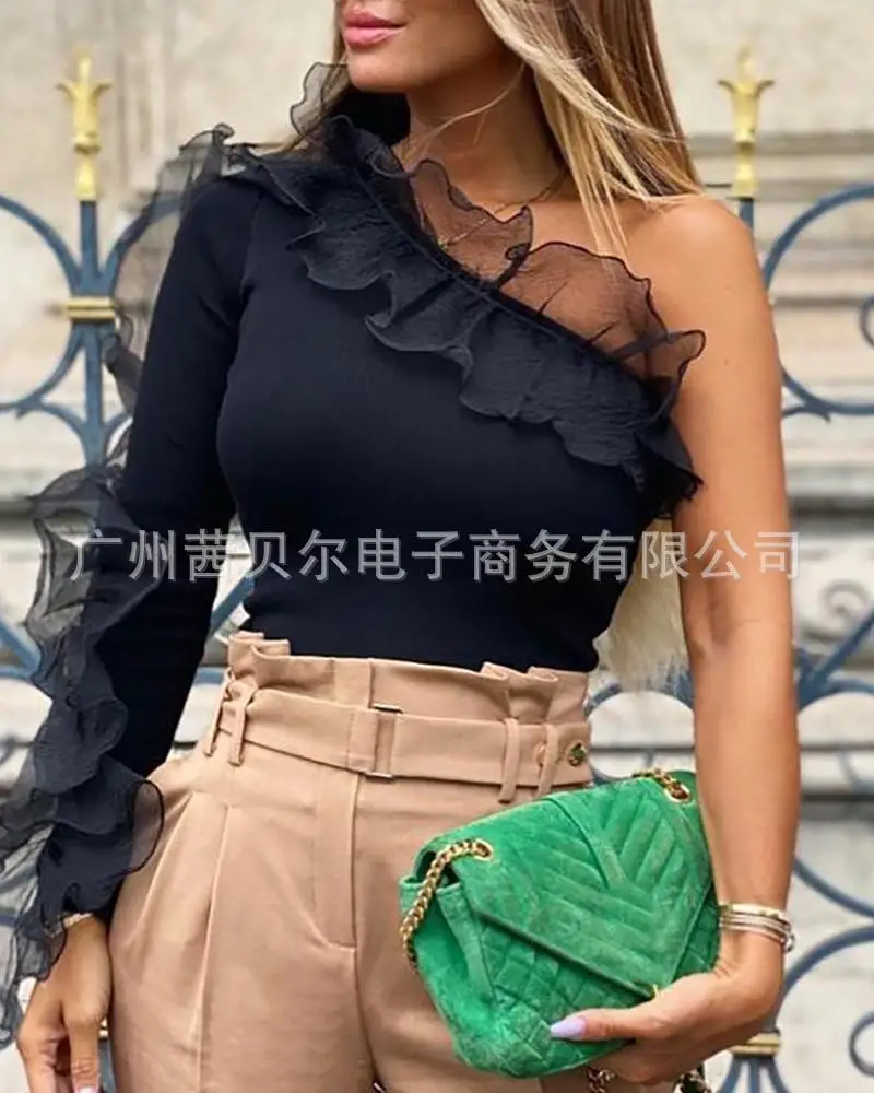 

New mesh ruffled one-shoulder knitted top