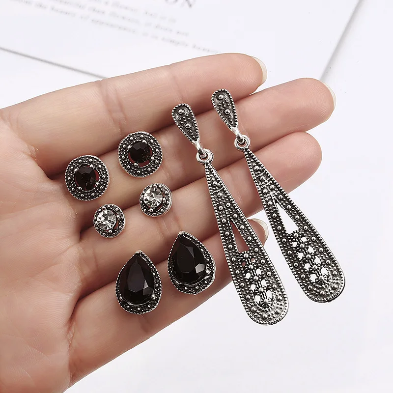 

European and American Fashion Bohemian Black Diamond Long Earrings Retro Zircon 4 Pairs Stud Earring Set