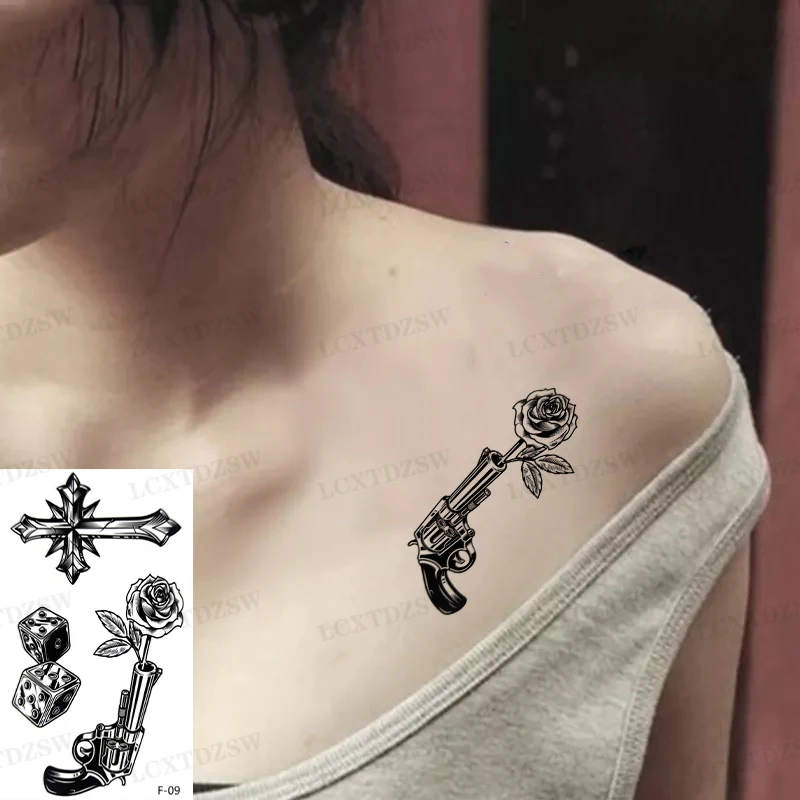 Temporary Waterproof Tattoo Stickers For Men And Women, Black Smile Pattern, Fake Tattoo, Pistol Rose Tattoo, Lightning Tattoo