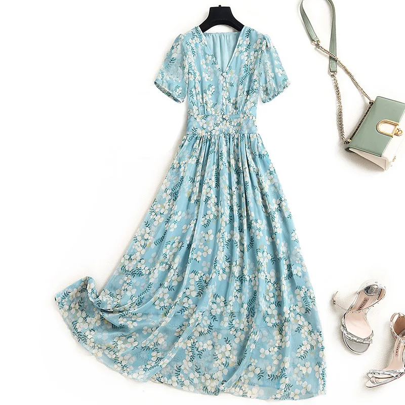 

Summer 2021 Elegant High Waist V-Neck Boutique Women Three Quarter Sleeves Floral Printed Long Chiffon Dress