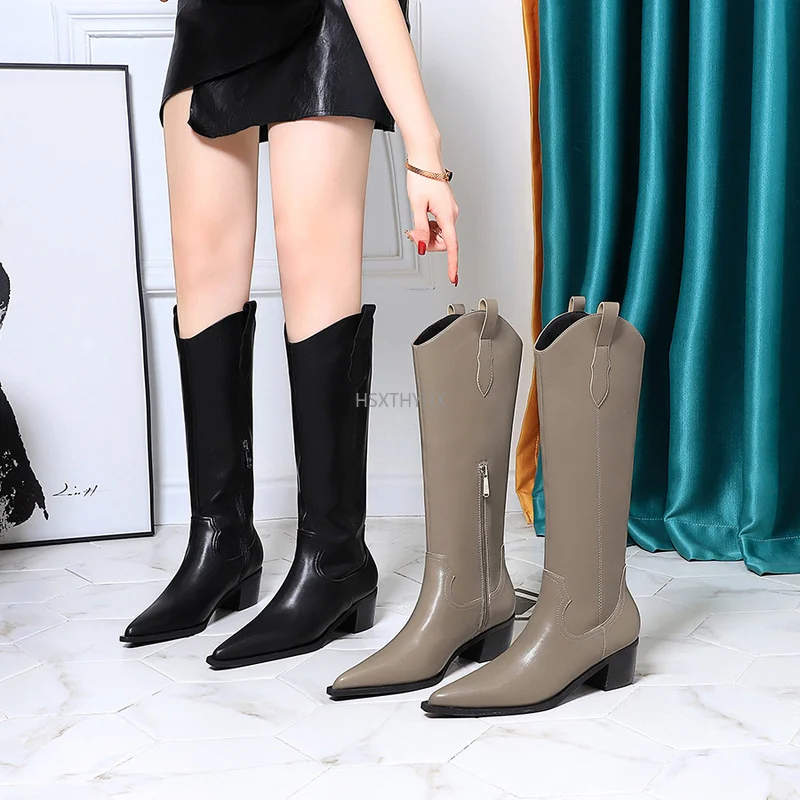 

Модные женские кожаные ковбойские сапоги на высоком каблуке, женские сапоги до колена, обувь с острым носком и молнией, длинные сапоги на то...