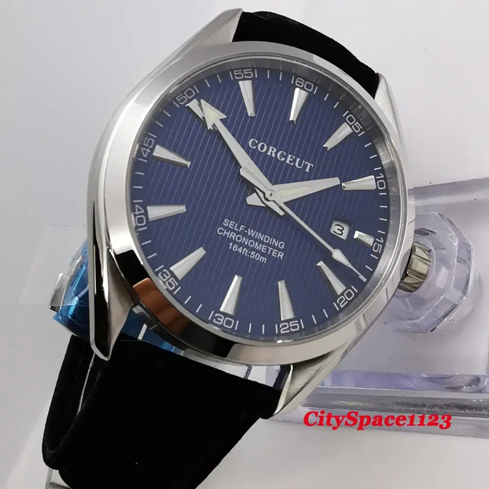 Corgeut 41 мм светящийся стальной черный циферблат автоматические механические