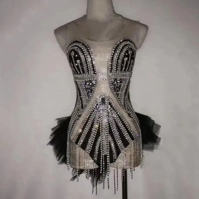 

see through rhinestone bodysuit Fringed beads One Piece Stage Performance Dance Wear Singer Pole dancing Bodysuit