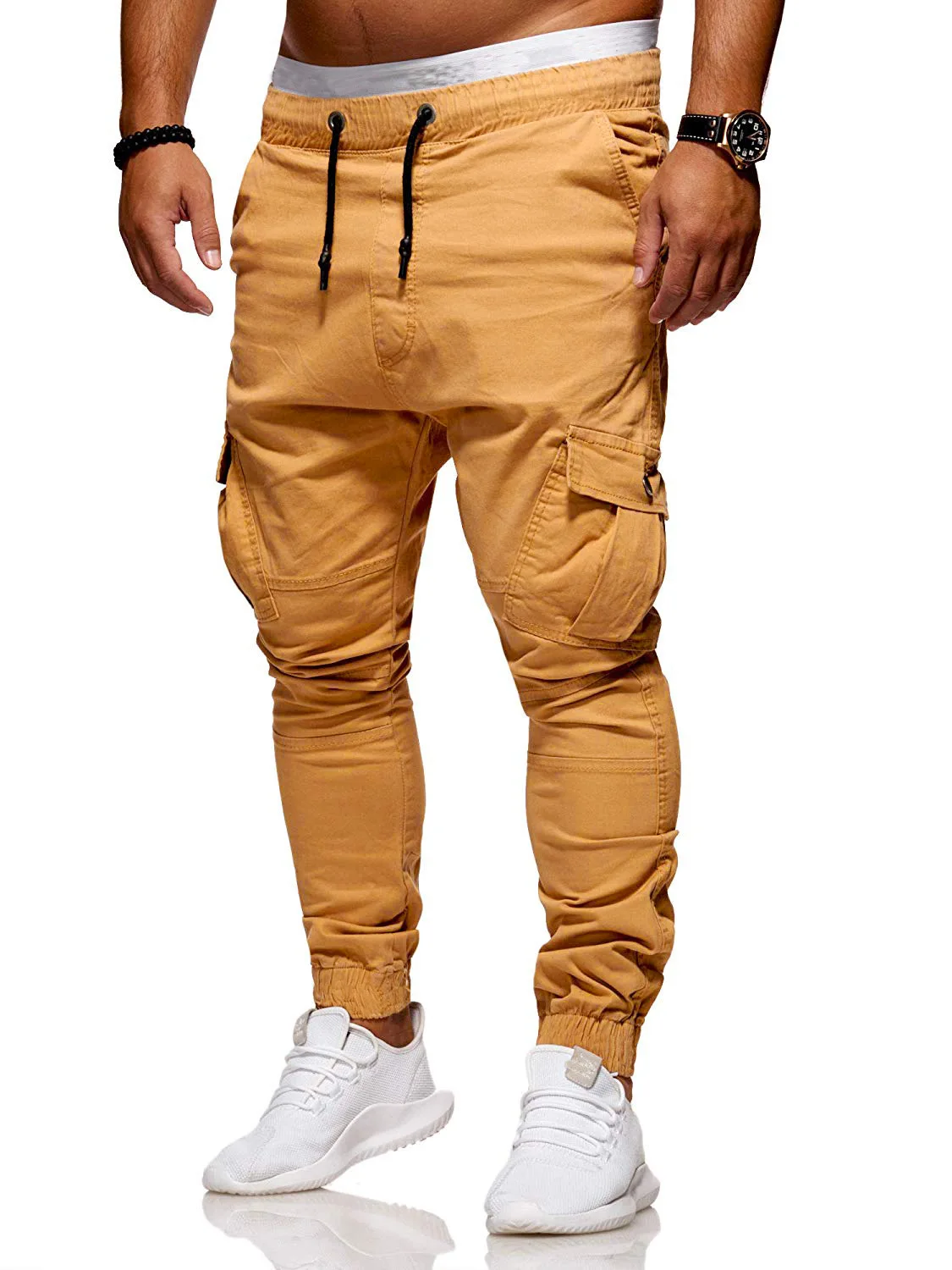 

Men pants multi-pocket cargo pants men drawstring elastic waist casual sports pants solid color fashion trousers