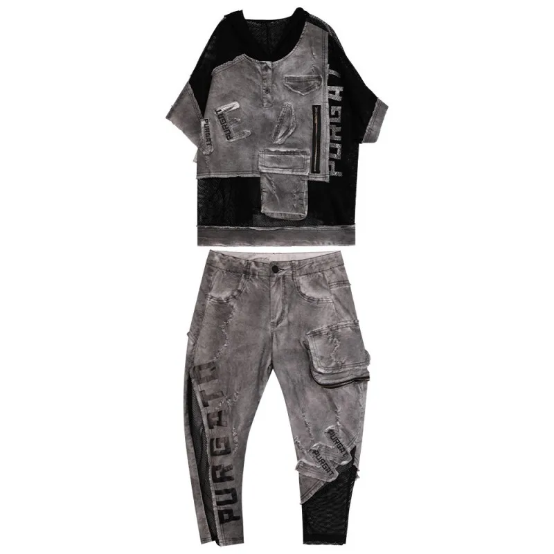 

Designer Women Patchwork Mesh Hoody Tops Denim Cotton Two Piece Set Mid Calf Harem Pants Casual Tracksuit Summer Punk Style Sets